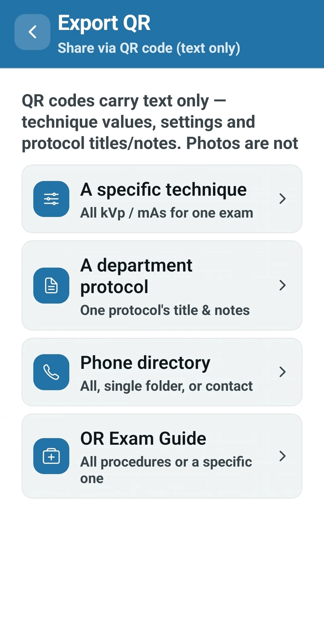 Export QR options menu in X-Ray Vault