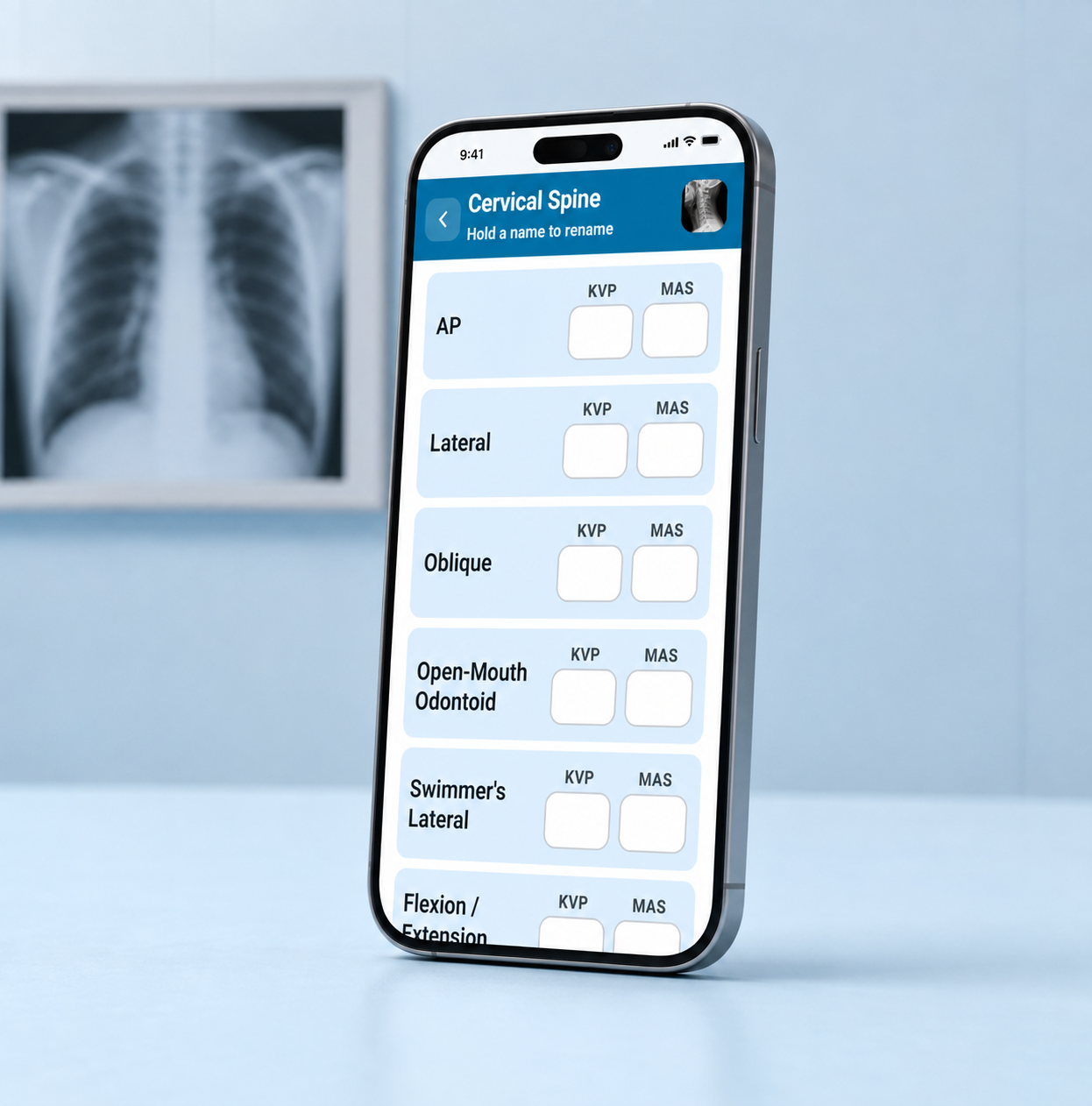 X-Ray Vault Cervical Spine technique screen on a phone beside a chest X-ray