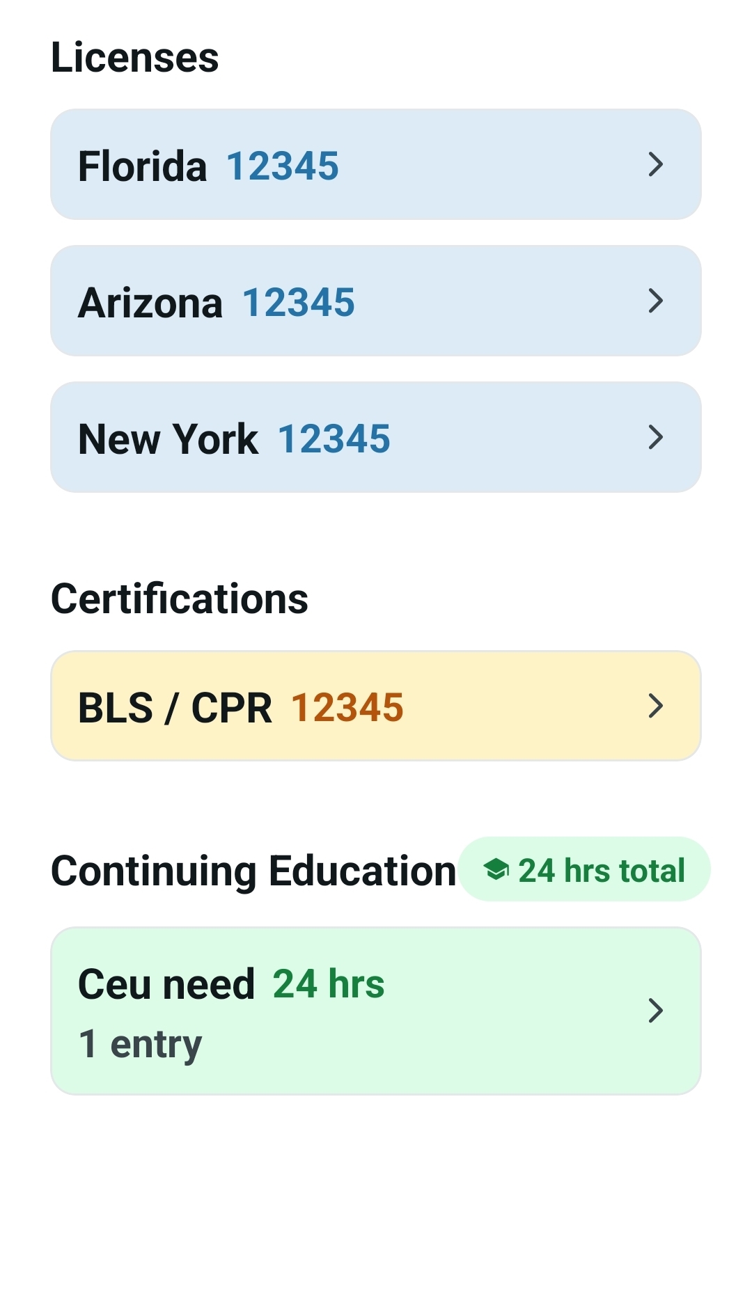 Licenses, certifications and continuing-education tracker in X-Ray Vault