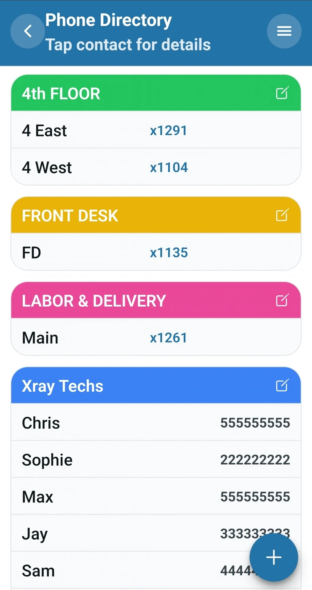 Phone directory with floors, front desk and on-call contacts