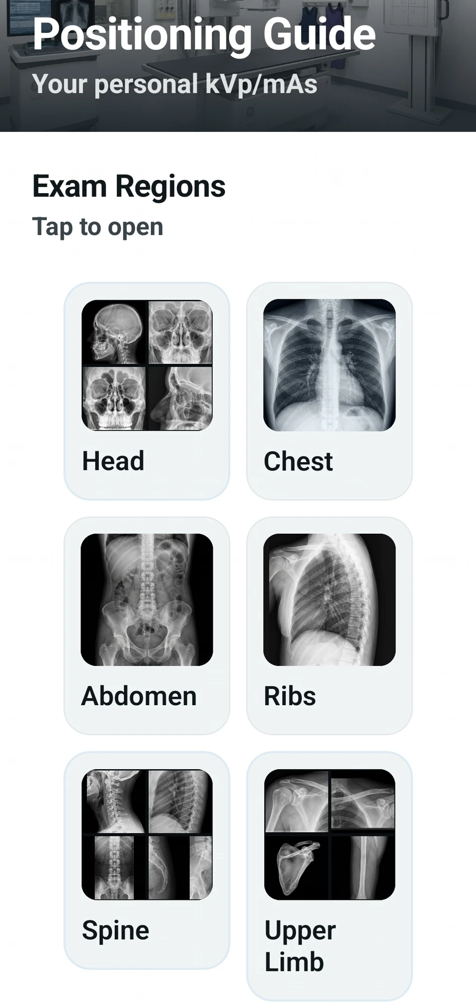 Positioning guide with exam regions by body part